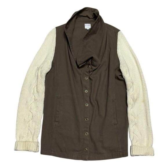 ELLISON Khaki Knit Sleeve Luxury Designer Casual Sweater Jacket Shacket Womens L - Picture 1 of 7